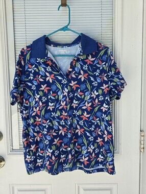 Lands' End Navy Floral Print Polo